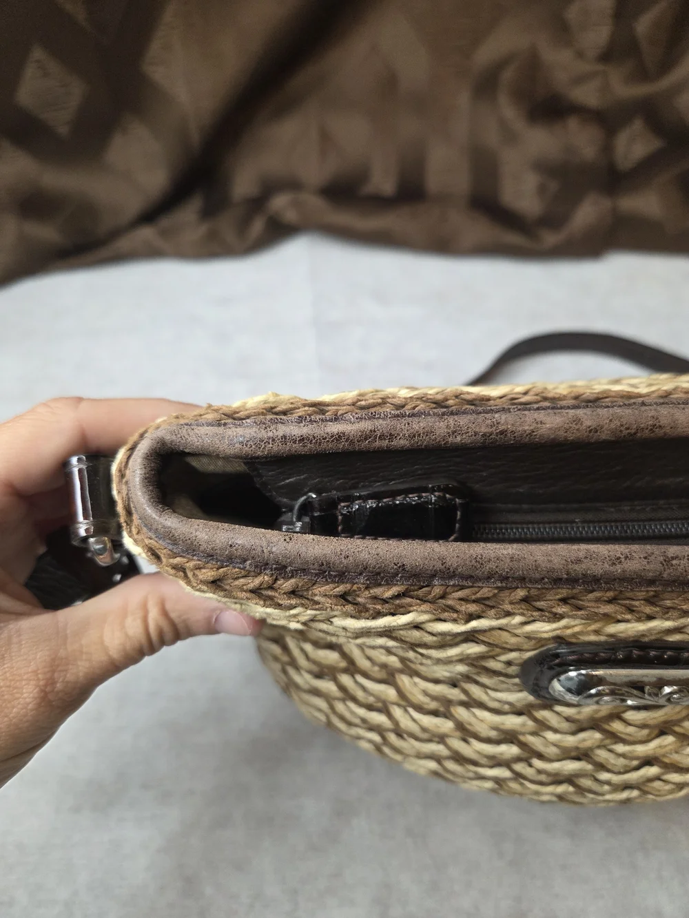 Brighton Woven Straw Crossbody with Brown Trim and Chocolate Strap-See Pictures